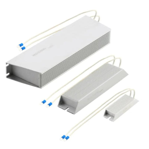 Three aluminum braking resistor shells for frequency converters; front and side views, 100–2000W