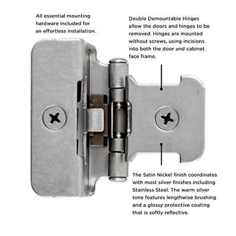 Beefy Double Demountable Cabinet Hinges Set, Half Inch Overlay, Self Closing, 170 Degree Face Frame Opening, Satin Nickel Finish