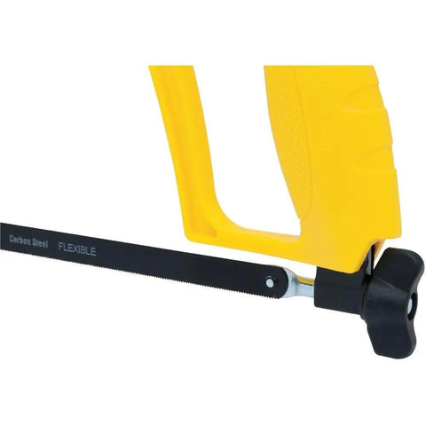 Yellow handle of heavy duty 12 inch hacksaw with high tension hand saw frame up to 225 lbs next to black carbon steel blade