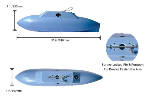 Top and side view of durable polyethylene pontoons for Kayak Stabilizers Package With Hard Outrigger Floats Adjustable Stabilizer System.