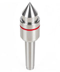 Live center for lathe with 60° MT2 Morse taper; silver metal body and red index band.