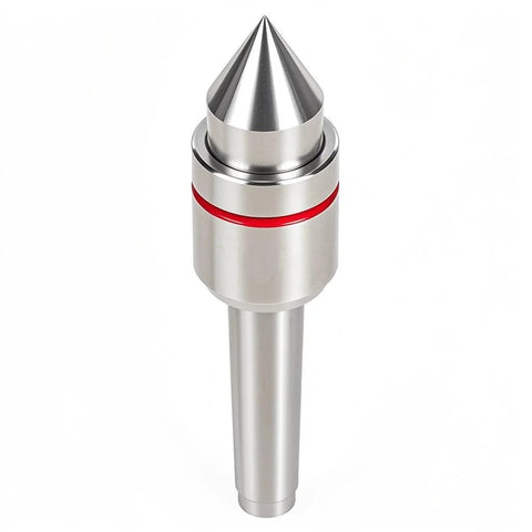 Live center for lathe with 60° MT2 Morse taper; silver metal body and red index band.