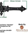 Antique Cast Iron Strap T Hinge 7.9 Inch Two Pack Matte Black, product packaging showing dimensions and product code.