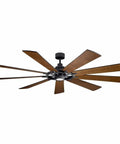Badass Heavy Duty 85 Inch Ceiling Fan With Bright LED Lighting And Slick Distressed Black Industrial Finish Plus Nine Blade Quiet Airflow Blades For Cool Bedroom Relaxation seen from below with wood blades.