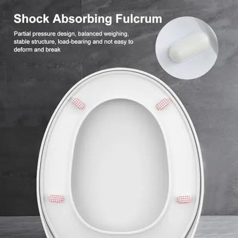 Solid Build Soft Close Elongated White Toilet Seat With Quick Release Hinges For No Sweat Installation Scratch Resistant Cover showing shock absorbing fulcrum design.