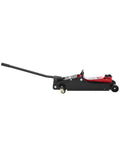 Heavy Duty Two Point Five Ton Hydraulic Floor Jack With Drop Flat Profile And Three Sixty Slick Swivel Wheels For Rapid Tire Changes And Tight Space Garage Rolling side view with extended handle and swivel wheels.