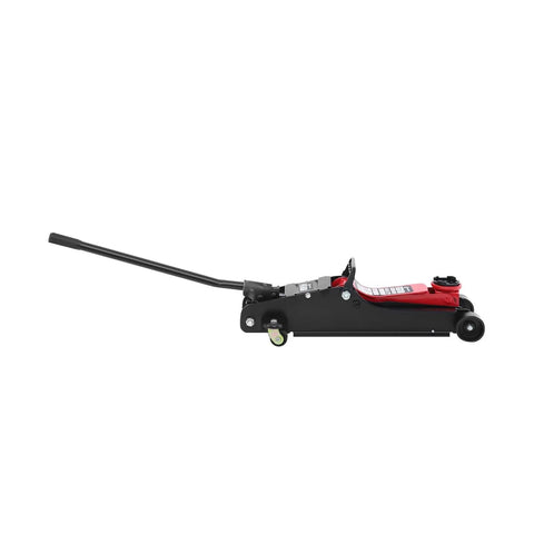 Heavy Duty Two Point Five Ton Hydraulic Floor Jack With Drop Flat Profile And Three Sixty Slick Swivel Wheels For Rapid Tire Changes And Tight Space Garage Rolling side view with extended handle and swivel wheels.
