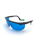 Premium He Ne Laser Safety Glasses 632.8Nm Hella Clear Lenses EN207 Certified Eye Protection with blue lenses and black frames.