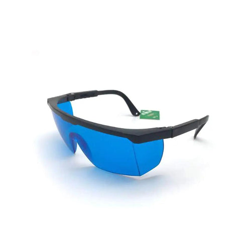 Premium He Ne Laser Safety Glasses 632.8Nm Hella Clear Lenses EN207 Certified Eye Protection with blue lenses and black frames.