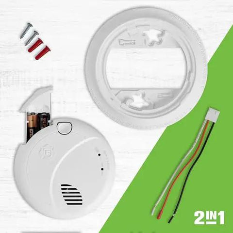 Parts of Combination Smoke And Carbon Monoxide Alarm With Interconnect Hardwired Power And Battery Backup, Model SMCO100VAC.