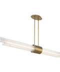 Super Sleek Linear Led Pendant Light Featuring Contemporary Ceiling Fixtures With Tight Profiles And Warm Aged Brass Finishes That Truly Hits Different On Kitchen Islands Or Main Dining Tables, showcasing clear glass rods with brass housing.