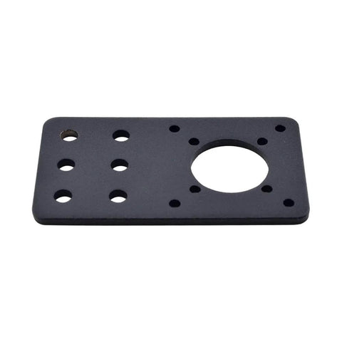 Front view of black mounting plate for a NEMA 17 stepper motor, showing multiple mounting holes and a large central bore.