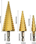 3 Piece Straight Grooved Step Drill Bit Set With Hex Shank HSS Titanium Coated Drill Bits for Metal Wood Plastic, sizes 4-32mm, 4-20mm, 4-12mm, shown front view.