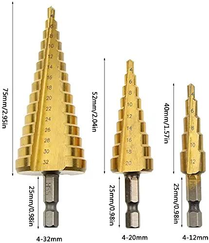 3 Piece Straight Grooved Step Drill Bit Set With Hex Shank HSS Titanium Coated Drill Bits for Metal Wood Plastic, sizes 4-32mm, 4-20mm, 4-12mm, shown front view.