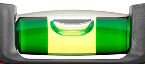 Close-up of focus vial on Aluminum Die Cast Magnetic Torpedo Level 10 Inch Red With Break Resistant Acrylic Block 60 Percent Magnified Focus Vials Luminous Backing Milled Surface V Groove For Steel And Scaffolding.