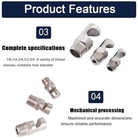 Product features of Shop Grade Heavy Duty 304 Stainless Steel Wide Angle Fan Nozzle 1 4 Inch External Thread including specifications and processing details.