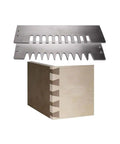 Rock Solid Aluminum Through Dovetail Template Set With Killer Router Bits For Woodworkers showing aluminum jig and joined wood.