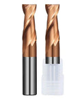 Two sisona 2-flute carbide end mills, spiral upcut, square noses, center cutting, for steel, in plastic holder.