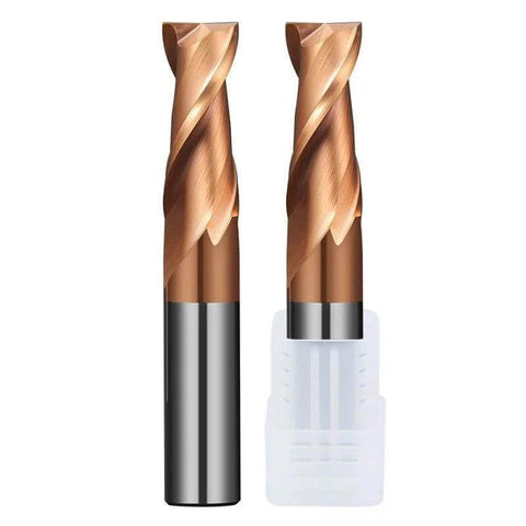 Two sisona 2-flute carbide end mills, spiral upcut, square noses, center cutting, for steel, in plastic holder.