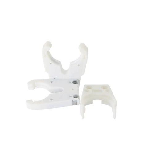 Automatic Tool Changer Bracket System For CNC Router Spindle ISO30 Taper, white plastic mount for tool locking.