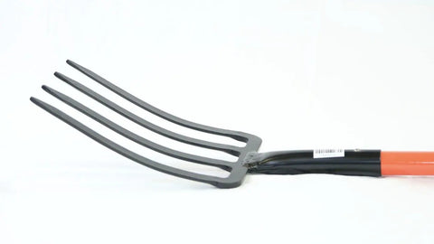 Close-up of Fiberglass D-Grip Four-Tine Spading And Roofing Fork For Tough Soil, showing diamond point tines and steel head.