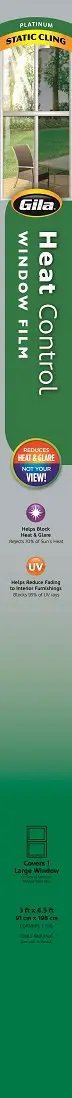 Product packaging showing Static Cling Window Film For Home Use, Sun Blocking And UV Shield, Dramatically Reduces Glare, 3 Ft By 6.5 Ft Roll.