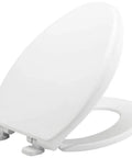 Commercial Heavy Duty Elongated Toilet Seat With White Cover And No Slam Seat Built Different For Busy Public Washrooms Featuring Grip Tight Bolts For Zero Drama Installation Made In Usa, showing open lid top view.