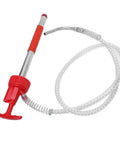 Handy Portable Oil Pump For Effortless Transfer And Extraction Of Motor, Heating, And Transmission Fluid From 5 Gallon Drums With Brass Head And Steel Build, showing red handle and clear hose.