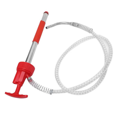 Handy Portable Oil Pump For Effortless Transfer And Extraction Of Motor, Heating, And Transmission Fluid From 5 Gallon Drums With Brass Head And Steel Build, showing red handle and clear hose.