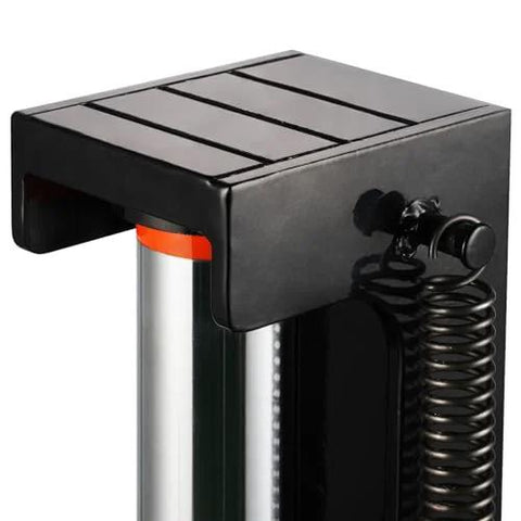 Close-up side view of a VEVOR hydraulic toe jack with chrome lift piston, black housing, orange ring, and coiled hose.