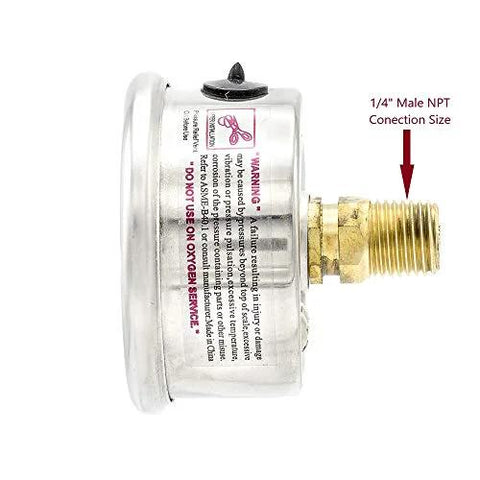 Pressure gauge, glycerine-filled, side view, 2-inch dial, stainless steel case, brass internals, 1/4-inch NPT