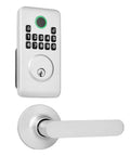 Rock Solid Keyless Entry Door Lock Set Featuring A Super Slick Silver Keypad Deadbolt With Comfortable Lever Handles close-up view of keypad and lever