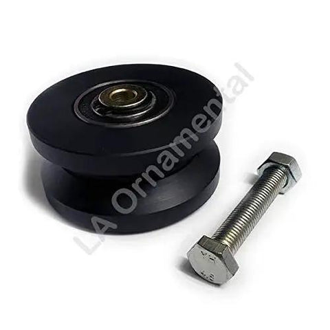 Heavy Duty Four Inch Uhmw Nylon V Groove Rolling Wheel Built Tough For Smooth Sailing Performance Featuring Sealed Ball Bearings And Zero Hassle Sliding Gate Motion Rated At Seven Hundred Fifty Pounds Capacity Set Of Two with a bolt.