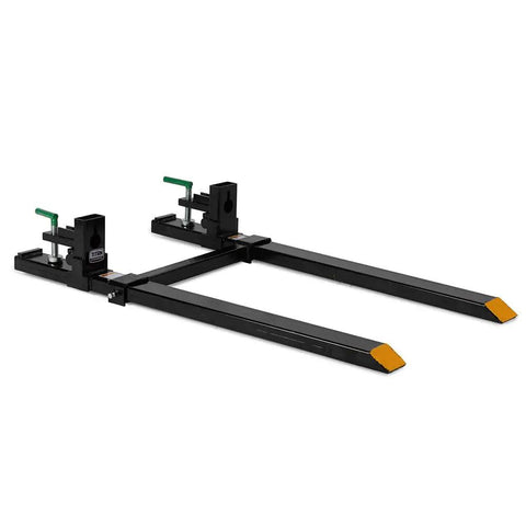 Beefy Medium-Duty Clamp-On Pallet Forks With Adjustable Stabilizer Bar for loader or skid steer bucket, 46-inch forks, 4,000 lb capacity