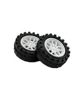 Two white 40Pcs plastic toy wheels with 2mm shafts for DIY RC cars, trucks, robots and models set against a white background.