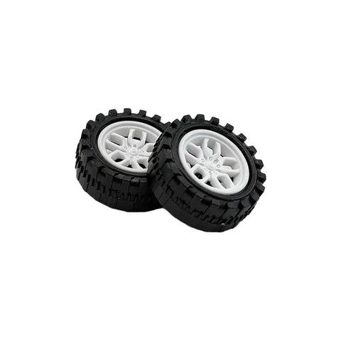 Two white 40Pcs plastic toy wheels with 2mm shafts for DIY RC cars, trucks, robots and models set against a white background.