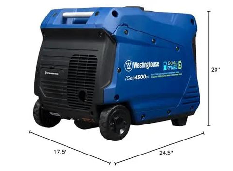 Side view of the Dual Fuel 5000 Peak Watt Inverter Generator with Remote Start, blue housing, showing wheels and handle for portable use.