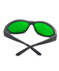 All American Heavy Duty Laser Safety Glasses With Killer Eye Protection For High Power Red And Infrared Diode Beams Wide 631 To 1100 Nanometer Range clear lens, viewed from the back with green lenses.