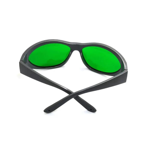 All American Heavy Duty Laser Safety Glasses With Killer Eye Protection For High Power Red And Infrared Diode Beams Wide 631 To 1100 Nanometer Range clear lens, viewed from the back with green lenses.