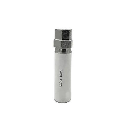 TA20-19/21 10-spline wheel lock key tool; chrome hex head, white cylindrical body; 3/4in and 13/16in hex drive, 19mm/21mm.