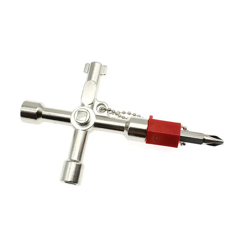 4 Way Cross Water Meter Key Zinc Alloy Multifunction Key For Universal Control Cabinets And Electrical Panels with chain.