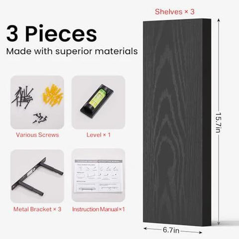 Wall Floating Shelves set of 3 with screws, level, metal brackets, instructions, 15.7in length, 22lbs capacity, black, wall mounted rustic wood.
