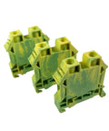 Three compact DIN rail ground block terminals with screw type connection, UL listed, supports 6-16 AWG conductors, pack of 3.