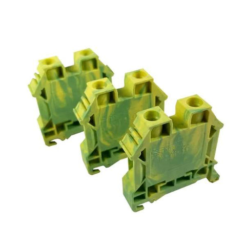 Three compact DIN rail ground block terminals with screw type connection, UL listed, supports 6-16 AWG conductors, pack of 3.
