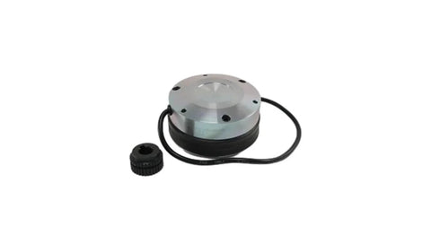 Electro-magnetic brake unit for forklift, metal housing with black wiring, front view