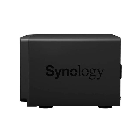 Top Shelf Nas Server With Intel Xeon 2.2Ghz Processor And 32Gb Ram Featuring 6Tb Ssd Storage Plus 1Tb Nvme Cache And 10Gbe Network Port For Quick Business File Backup With Killer Workhorse Reliability - black Synology NAS unit side view.