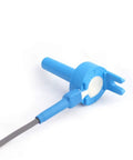 Front view of blue pool temperature sensor housing with white insert and gray cable