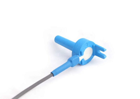 Front view of blue pool temperature sensor housing with white insert and gray cable