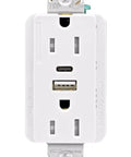 White Tamper Resistant AC Wall Receptacle With Integrated USB And USB-C Ports For Fast Device Charging 5 Amp Combined Output front view