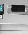 Digital control panel for White Three Door Upright Freezer With Clear Glass Panels and Straight Up Solid Cooling, displaying 98°F.